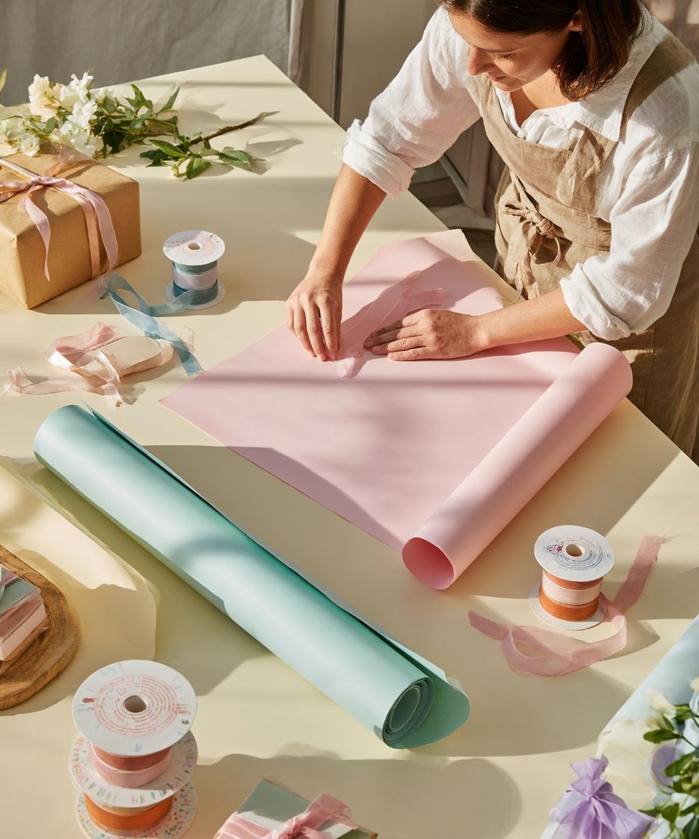 An artisan wrapping a gift at a bright workbench