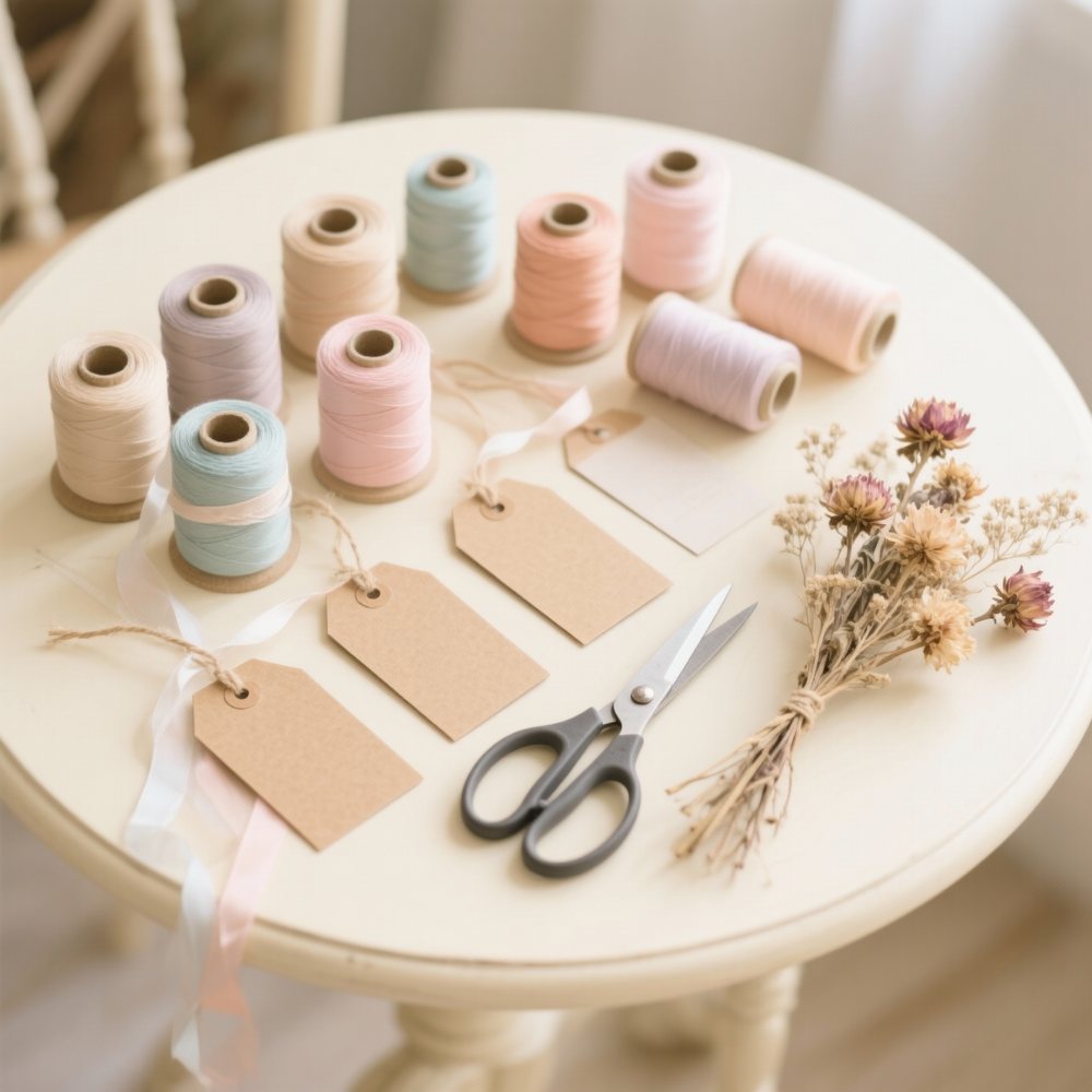 Ribbon spools and dried flowers on a cream table