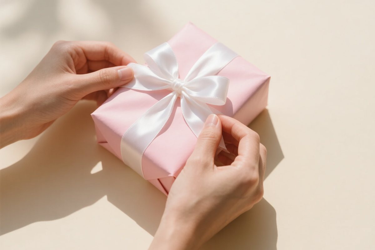 Hands tying a satin ribbon on a wrapped gift