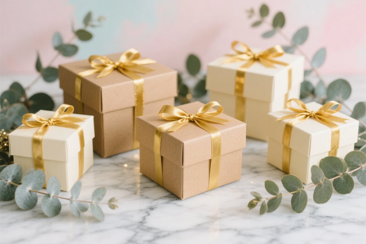 Corporate gift boxes with gold ribbon