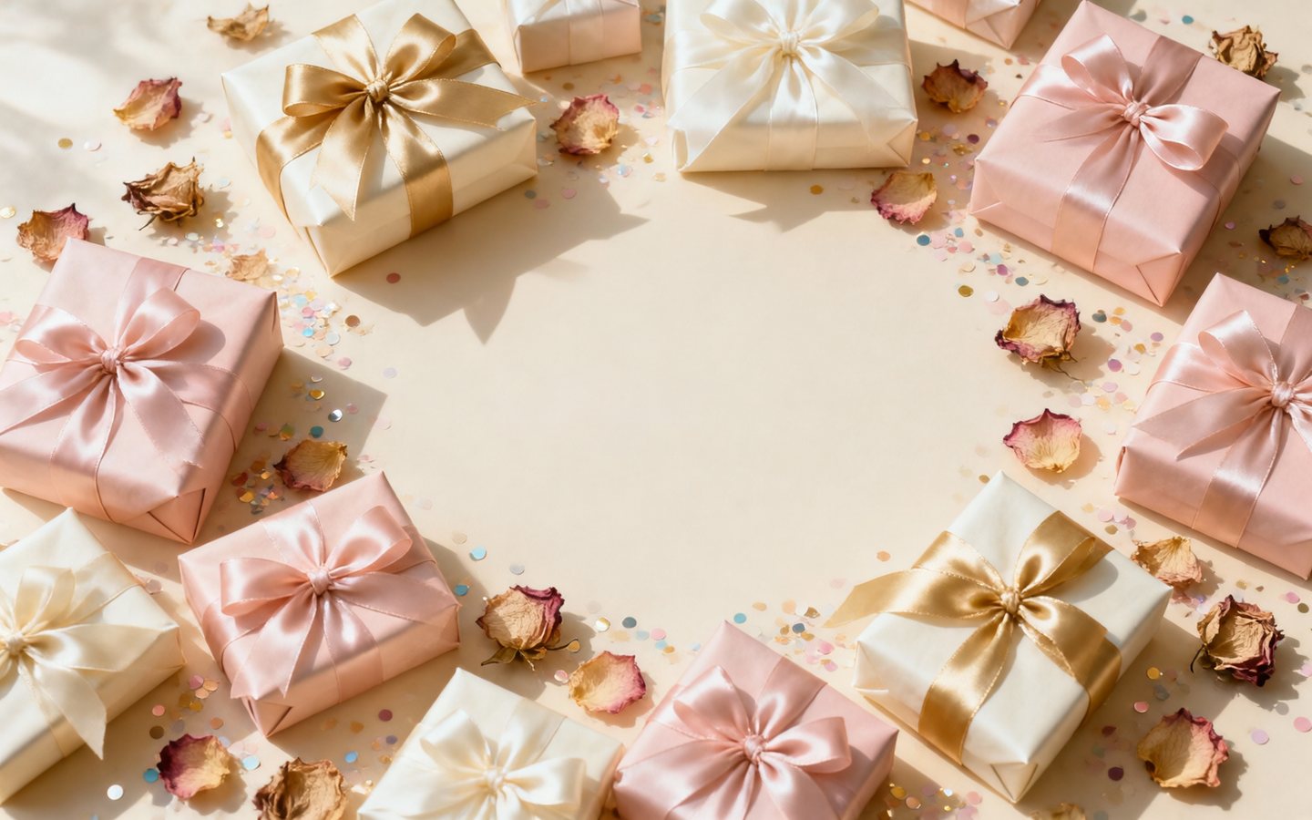 An overhead arrangement of wrapped gifts with satin ribbons