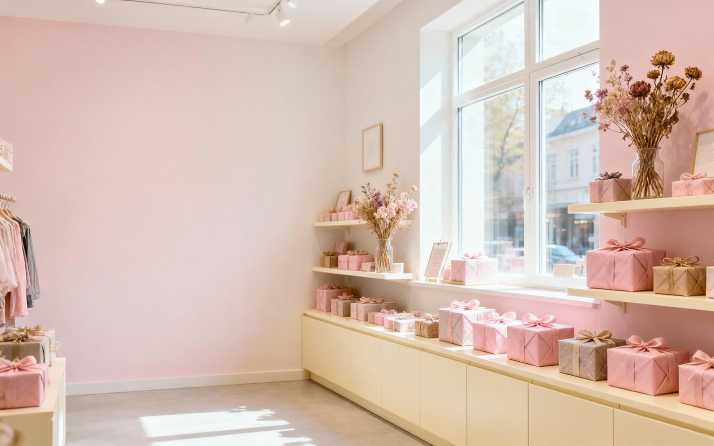 A bright gift shop interior with cream shelves